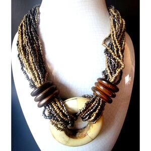 Vintage Tribal Boho Multi-Strand Beaded Necklace Wood Ring Pendant Folk Style